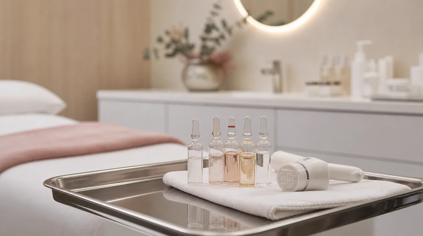Micro-infusion serum vials and stamp device arranged on a treatment tray in a cosmetic clinic