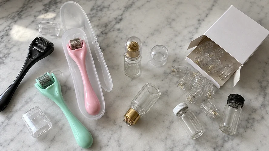 Pile of cheap reusable dermarollers and unbranded needling devices on a marble counter