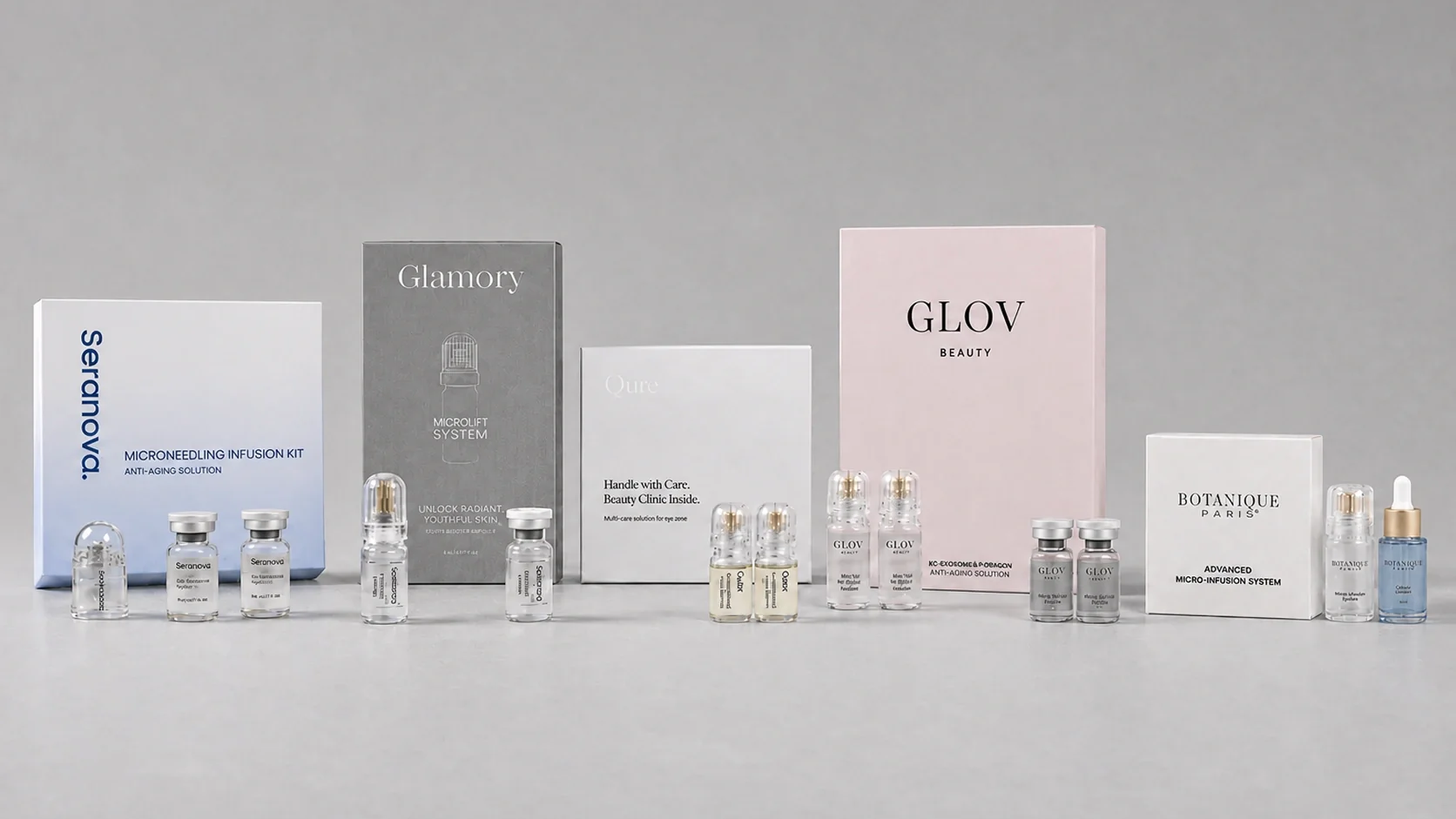 Micro-infusion stamp device with serum vials beside a woman's brow area in soft rose studio light