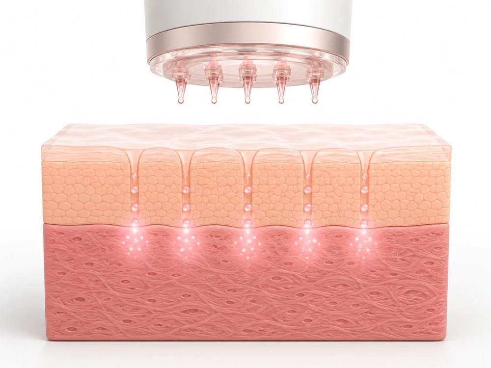 Cross-section illustration of skin showing serum flowing through temporary micro-channels below the surface barrier