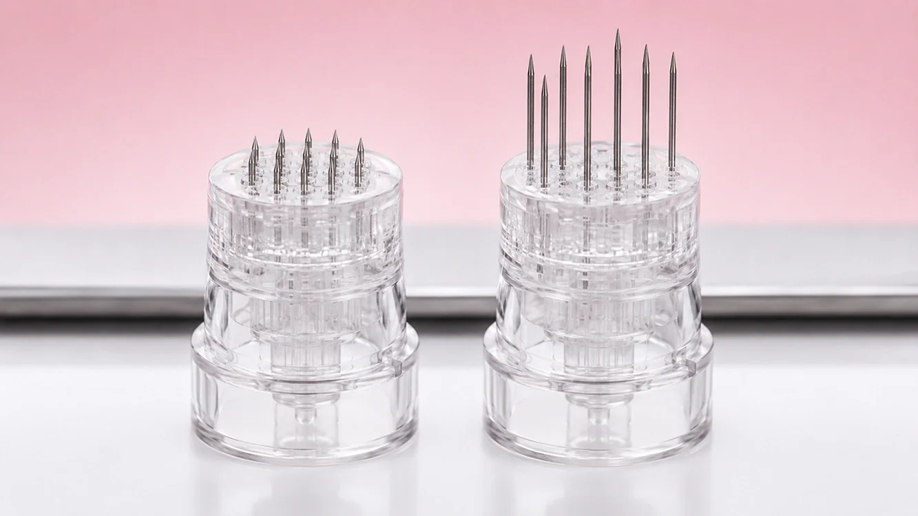 Side-by-side macro comparison of a short 0.25mm eyelid-calibrated needle head and a longer 0.5mm face-standard needle head