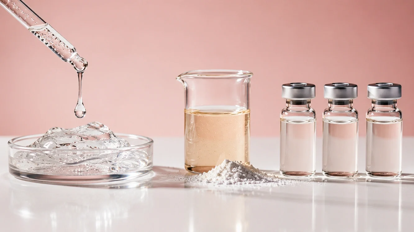 Still life of the three serum ingredient families: hyaluronic gel with dropper, vitamin solution, and sealed peptide serum vials
